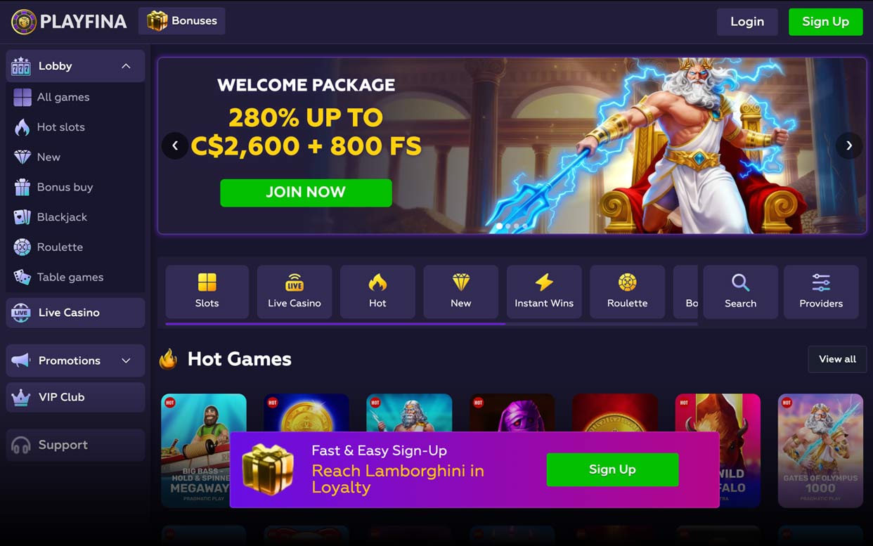 Playfina online casino lobby