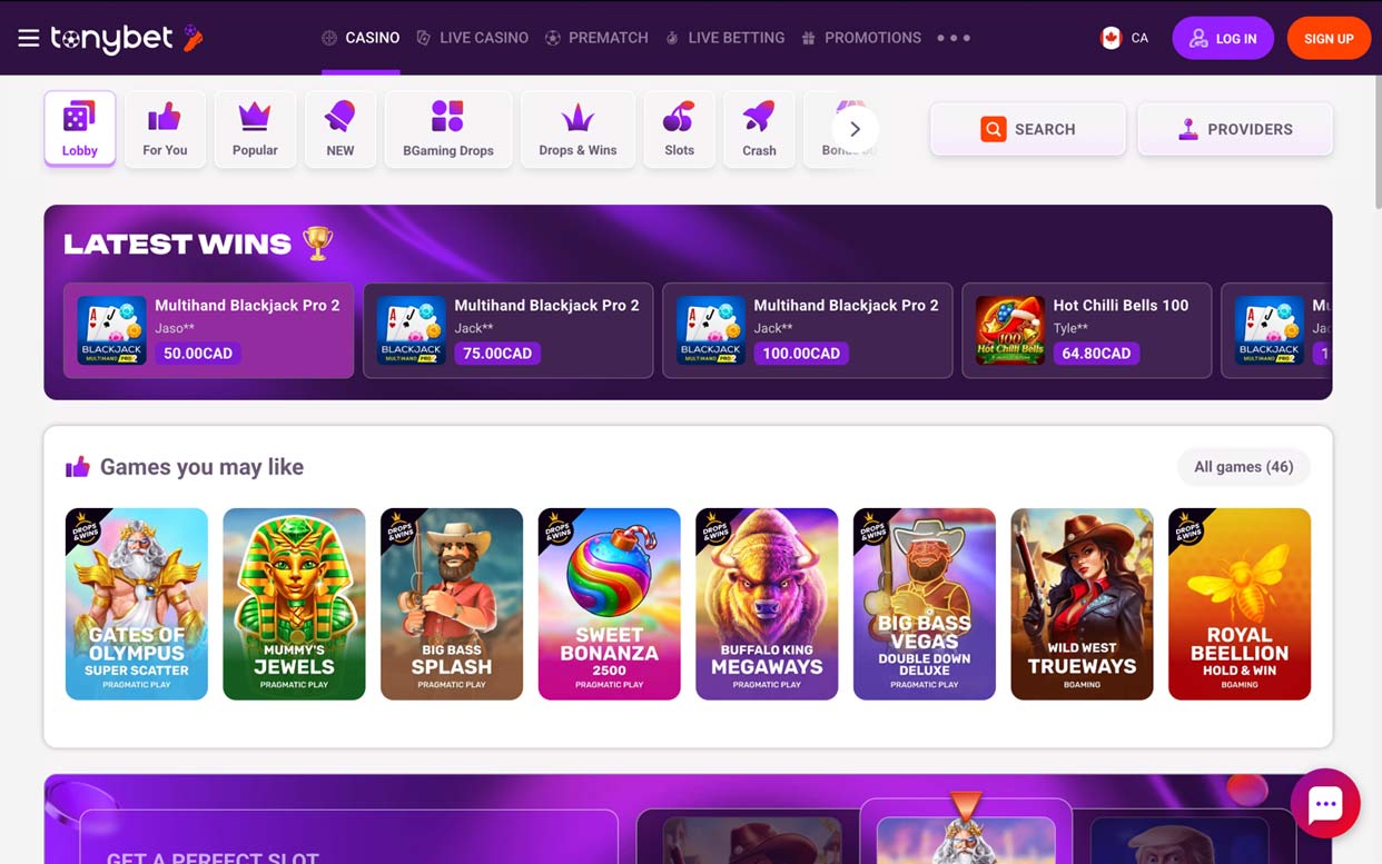 TonyBet online casino lobby