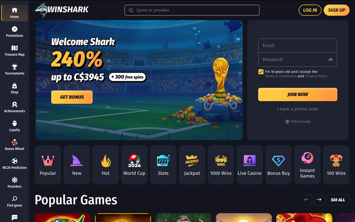 Winshark online casino lobby